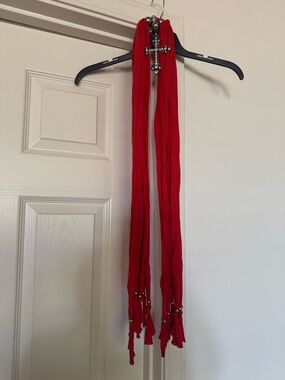 Boho Fringed Scarf / Crinkled Red Scarf / Boho Scarf Wrap With cross & beads